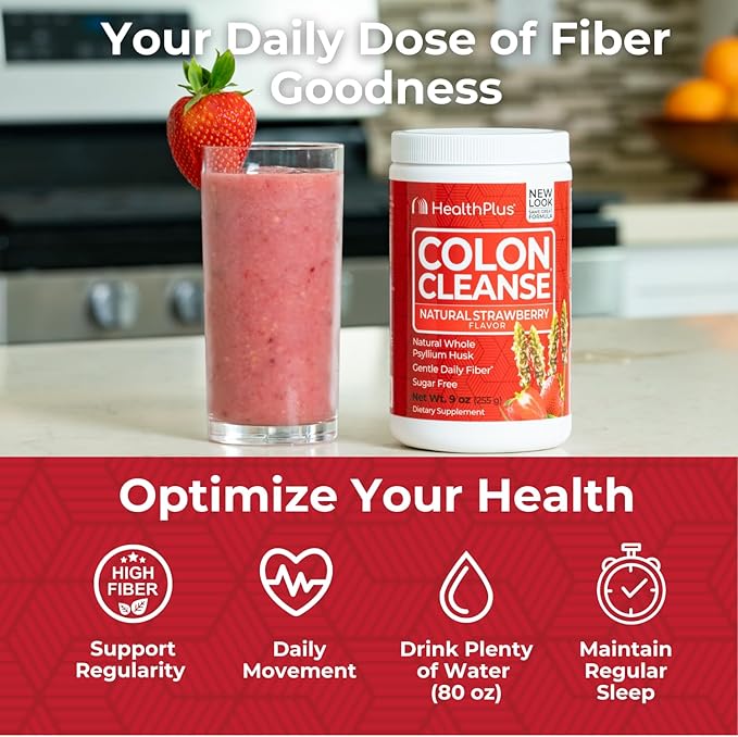 Health Plus Colon Cleanse Digestive Support | No Artificial Flavors | Daily Fiber for Toxin Elimination To Reduce Bloating | Psyllium Husk | Strawberry Flavor | 9 Ounces, 36 Servings