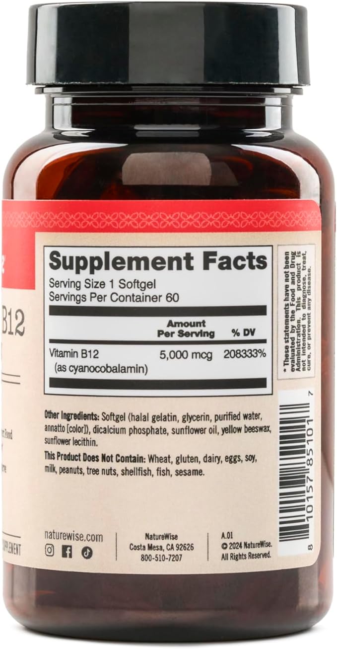 NatureWise Vitamin B12 5000 mcg - Extra Strength - Supplement for Supporting Energy Levels, Mental Clarity, Nervous System Health - Easy-to-Swallow, Soy and Gluten-Free, Non-GMO - 60 Softgels