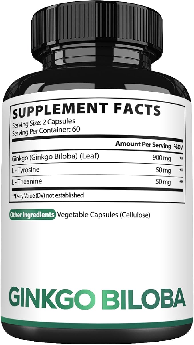 1000mg Ginkgo Biloba Supplements with L-Tyrosine, L-Theanine - 120 Capsules for 2-Month Supply - Support Focus, Mermory Function, Brain Health & Vision Quality