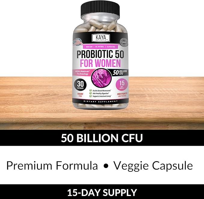 Kaya Naturals Probiotic 50 Billion CFU - Probiotics for Women, Probiotics for Men and Adults, Natural - Gut Health & Immune Support Supplement - Provides Digestive Support - 30 Vegetable Capsules