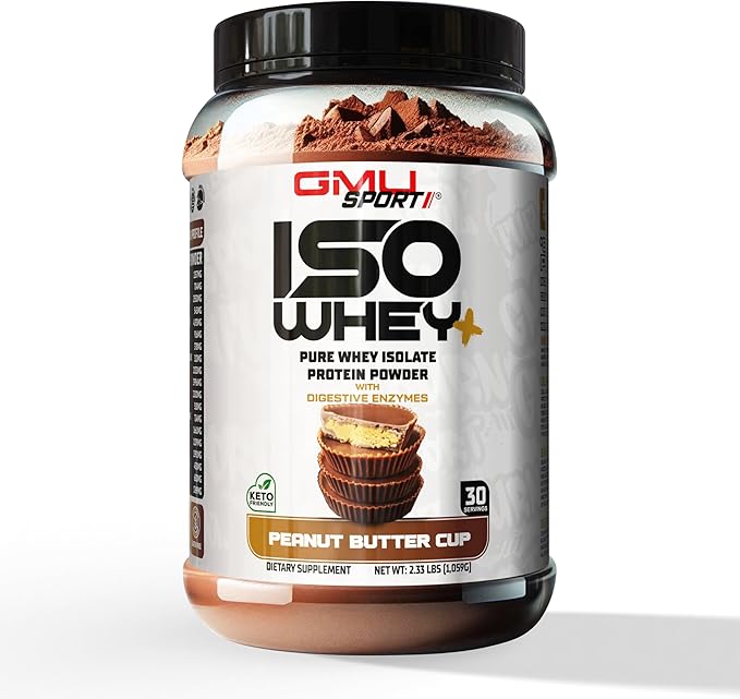 GMU SPORT ISO Whey - 100% Whey Isolate Protein - Peanut Butter Cup 2lb, (30 Servings) - 26g Protein Per Serving Complete with a Full Amino Profile, Digestive Enzymes, BCAA's and Collagen Peptides