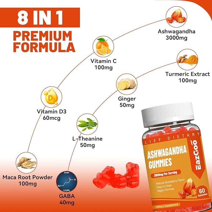 2 Pack Ashwagandha Gummies & Vitamin D3, 3000mg Extra Strength Ashwagandha Root Extract for Boosts Energy, Immune Support, Non-GMO, Mixed Berry Flavor, 120 Count