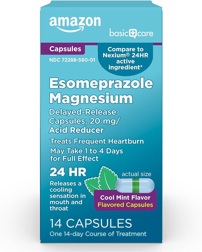 Amazon Basic Care Esomeprazole Magnesium Delayed-Release Capsules 20 mg, Acid Reducer, Cool Mint, 14 Count