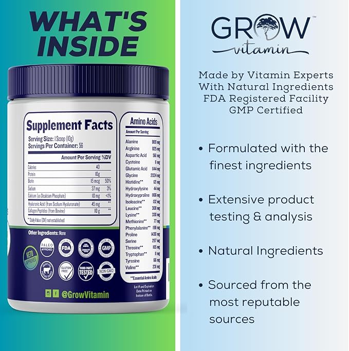 grow vitamin Collagen Peptides Powder, Grass Fed Bovine Collagen Powder Type I & III, Promotes Hair, Nail, Skin Health and Beauty, Supports Bone and Joint Health, Unflavored, 20 OZ, 56 Servings