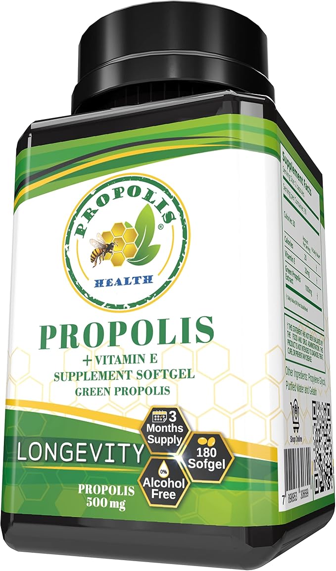 Propolis Health Propolis Capsules 1000mg-Daily with Vitamin E Per 2 Capsules - Brazilian Green Propolis Extract - Immune Booster 50 Days Supply Propolis Capsules (180 Capsules)