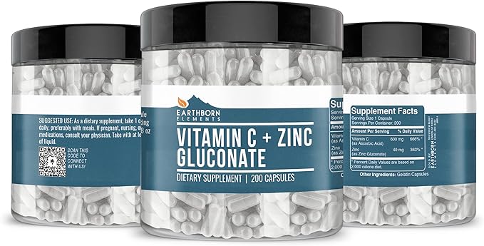 Earthborn Elements Vitamin C Plus Zinc Gluconate Supplement, (200 Capsules) Blended Health Support, Non-GMO, Gluten Free,