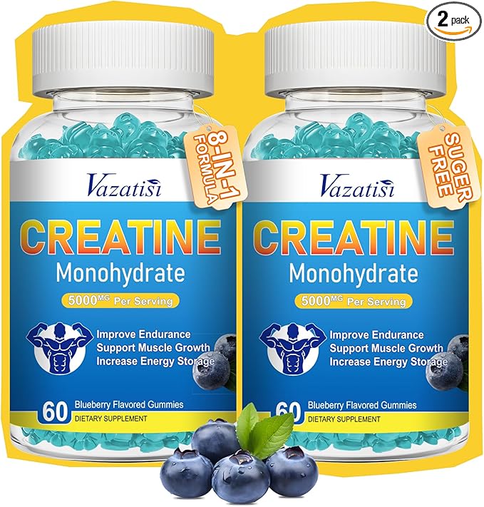 2 Pack Creatine Monohydrate Gummies for Women & Men, Sugar Free Vegan Creatine Supplement for Build Muscles, Increase Energy & Strength, Blueberry Flavor, 120 Count