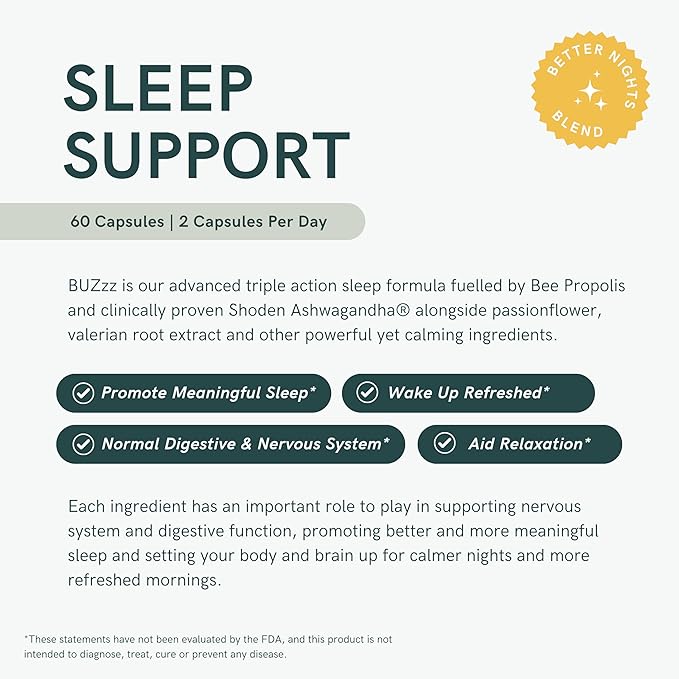 Dr Sosnowski's BUZzz Sleep Support with Bee Propolis Triple Action Sleep Formula for Calmer Nights and Refreshing Mornings, Vegetable Capsules, 60ct