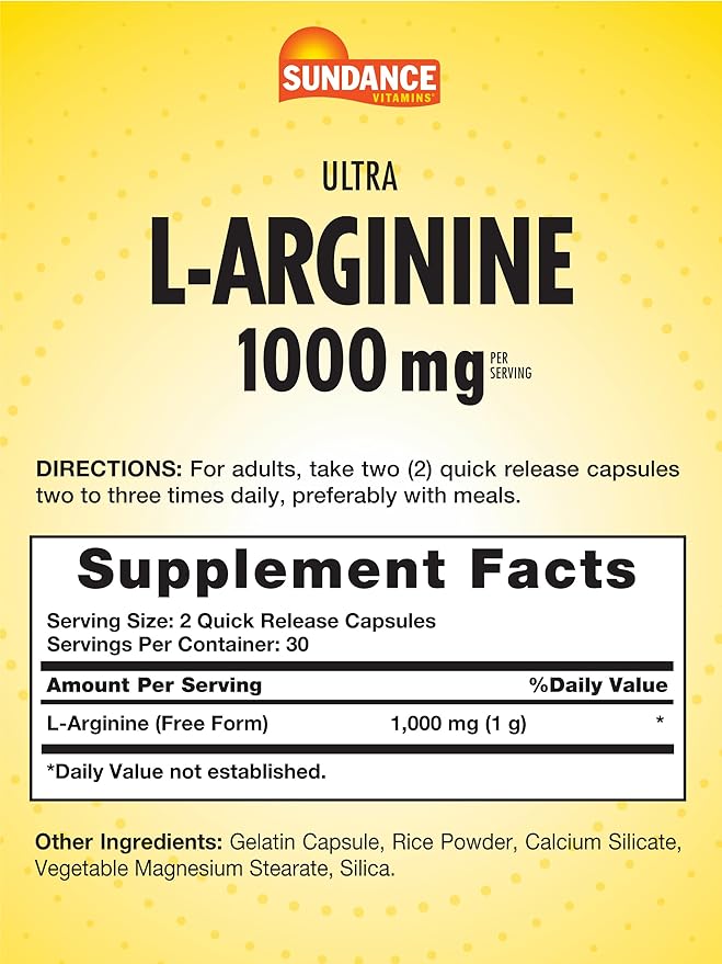 Sundance L-Arginine 1000mg Capsules | 60 Count | Free Form Amino Acid Supplement | Non-GMO and Gluten Free Supplement