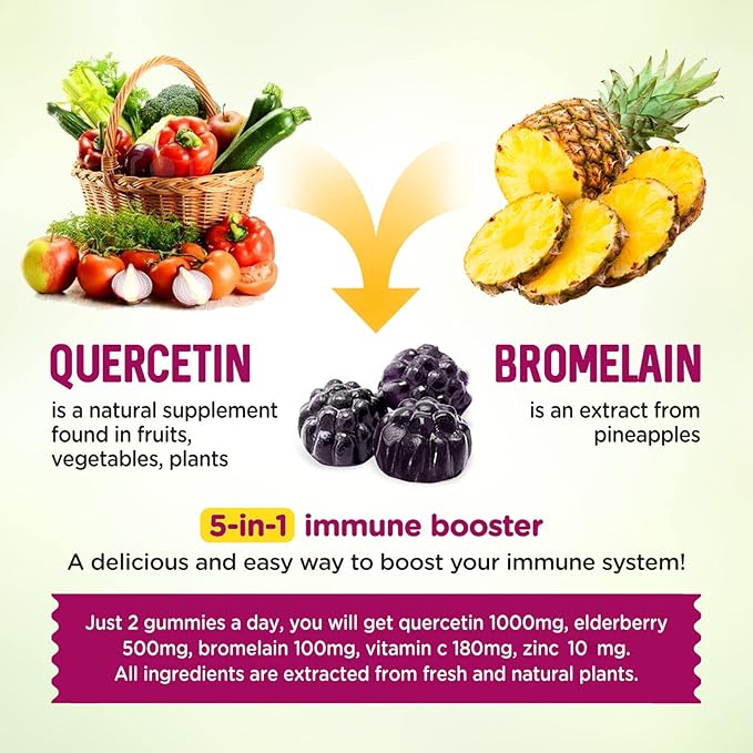 Quercetin Gummies for Kids and Adults, 1000mg Quercetin with Bromelain Vitamin C Zinc and Elderberry Supplement Organic, Chewable Gummies Vegan for Immunity Allergy Support, 120 Count
