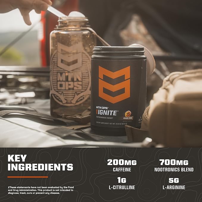 MTN OPS Ignite Energy Drink Powder, Gluten Free Nitric Oxide Supplement Drink Mix, L Arginine, L Citrulline, Caffeine & Nootropic Sugar Free Drink Mix, 45 Servings, Backcountry Blast