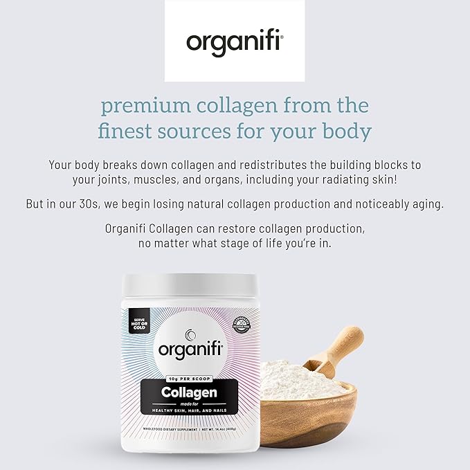 Organifi Unflavored Collagen Powder - Supports Stronger Skin, Nails, and Hair, 30 Servings