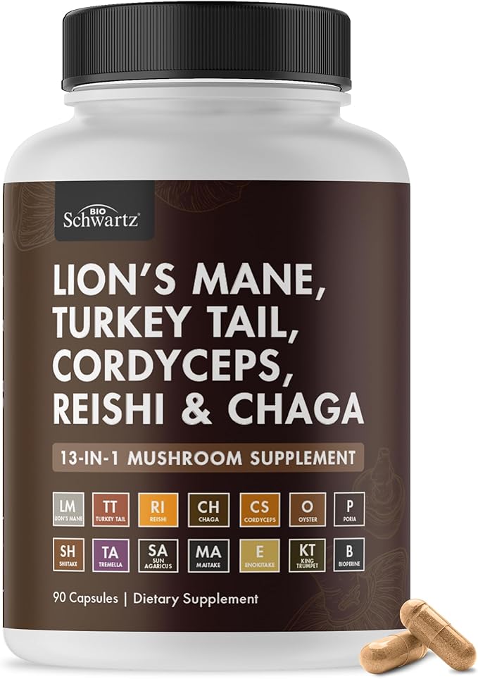 BioSchwartz Mushroom Complex - Organic Lions Mane Supplement Capsule with Reishi, Turkey Tail, Cordyceps, Shiitake, Chaga, Black Pepper for Max Absorption - Supports Energy, Focus, Memory, 90 Count