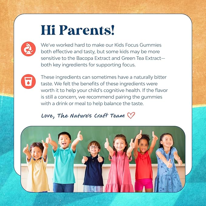 Kids Focus Gummies - Nootropics Brain Support Supplement for Kids with Green Tea Extract, B6 & B12 Vitamins for Memory and Brain Focus - Herbal Concentration Chews for Children - 90 Count