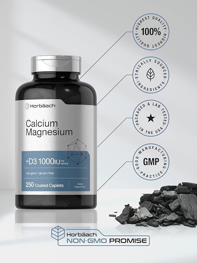 Horbäach Calcium Magnesium D3 Supplement | 1000 IU D3 | 250 Coated Caplets | Non-GMO & Gluten Free