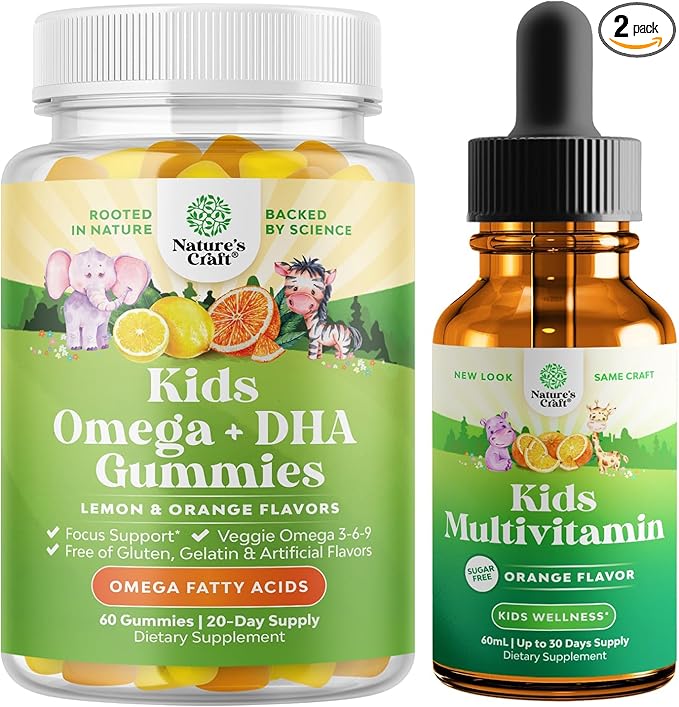 Bundle of Omega 3 Gummies for Kids, Tasty & Delicious and Liquid Multivitamin for Kids Immunity Support - Perfect DHA Omega 3,6,9 Gummies - Liquid Multivitamin Drops with DHA for Kids