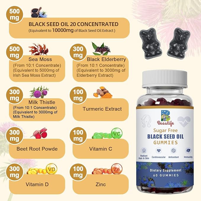 (2pack)Black Seed Oil Gummies, Black Seed Oil, with Sea Moss, Ashwagandha, Elderberry, Turmeric, Vitamin C, D, zinc, Beet Root Powder, Support Immune System, Cardiovascular Health, Radiant Hair& Skin