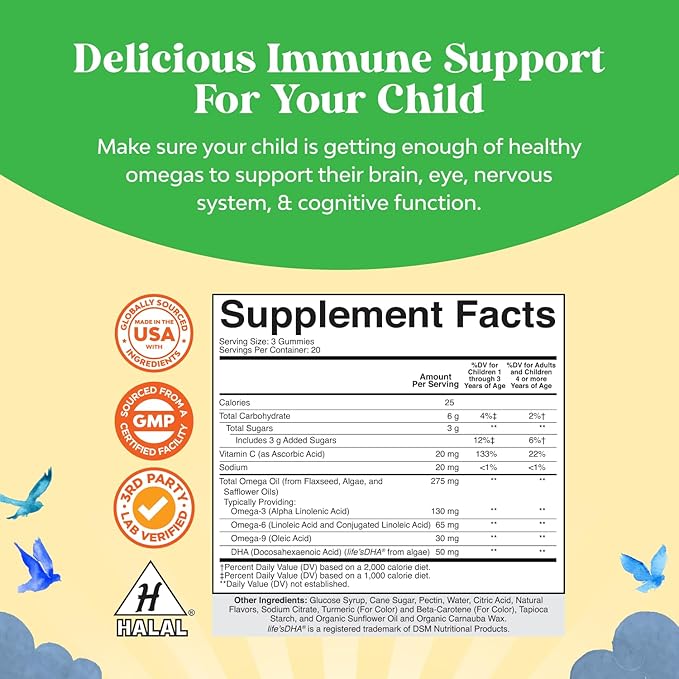 Kids DHA Omega 3 Gummies - Fatty Acids Omega 3 6 9 for Brain, Immune Strength & Vision - Nutritional DHA for Kids for Healthy Nervous System & Focus Support - Fish Free, Vegan & Non-GMO - 60 Chews