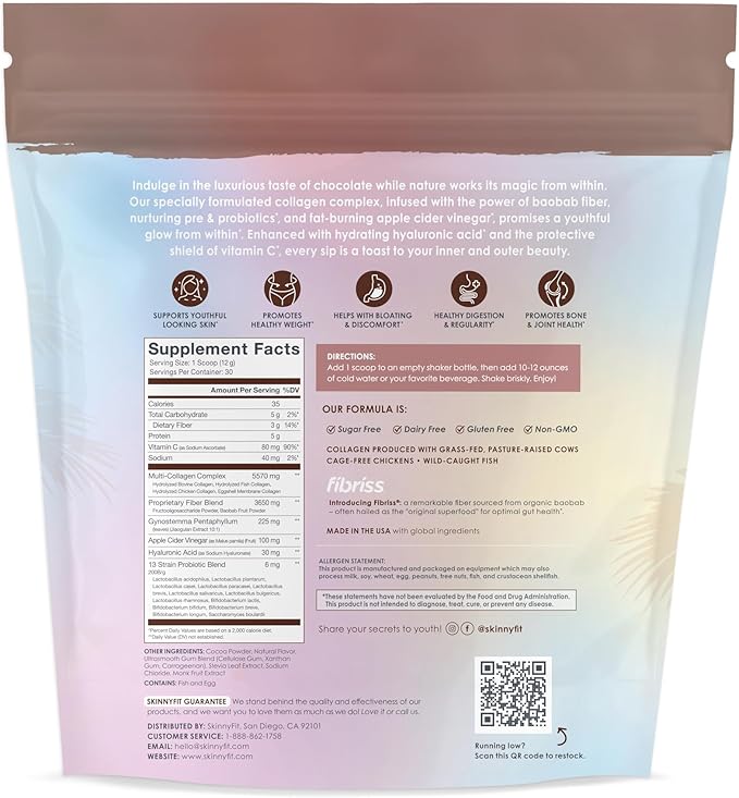 SkinnyFit - Super Youth, Chocolate (30 Servings) - Multi Collagen Peptides Powder - Probiotics, Fiber, Hyaluronic Acid - Collagen for Women - Non GMO, Gluten Free, Sugar Free - Beauty & Self Care