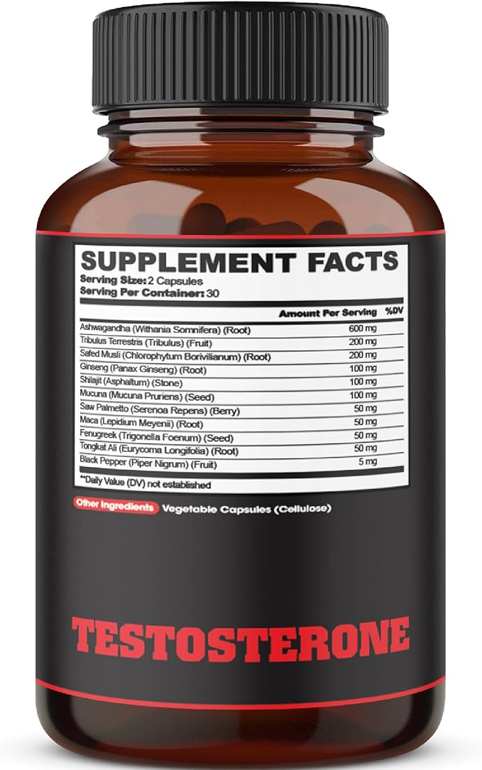 Testosterone Supplement for Men with Ashwagandha, Tribulus, Ginseng & More - 11 Herbs - Strength Support - 60 Vegan Capsules 1 Month Supply