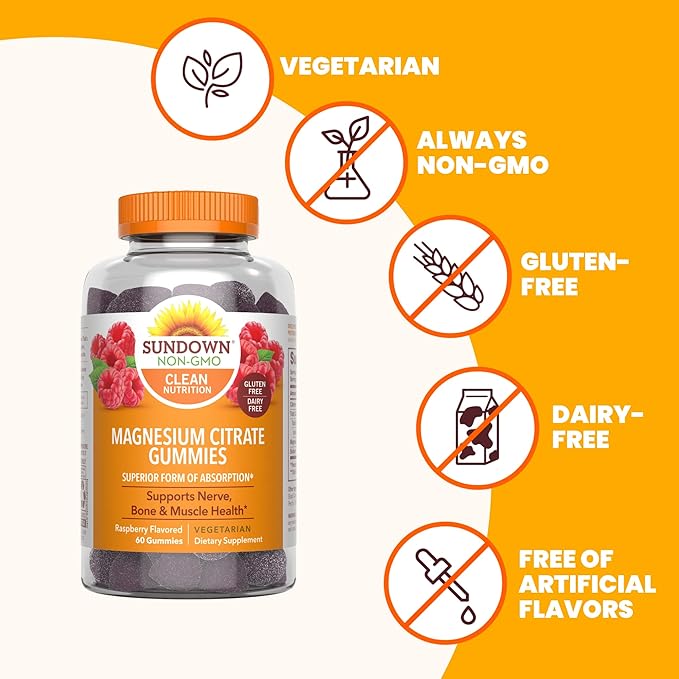 Sundown Magnesium Citrate Gummies, Supports Nerve, Bone & Muscle Health, Vegetarian, Raspberry Flavored, 60 Count