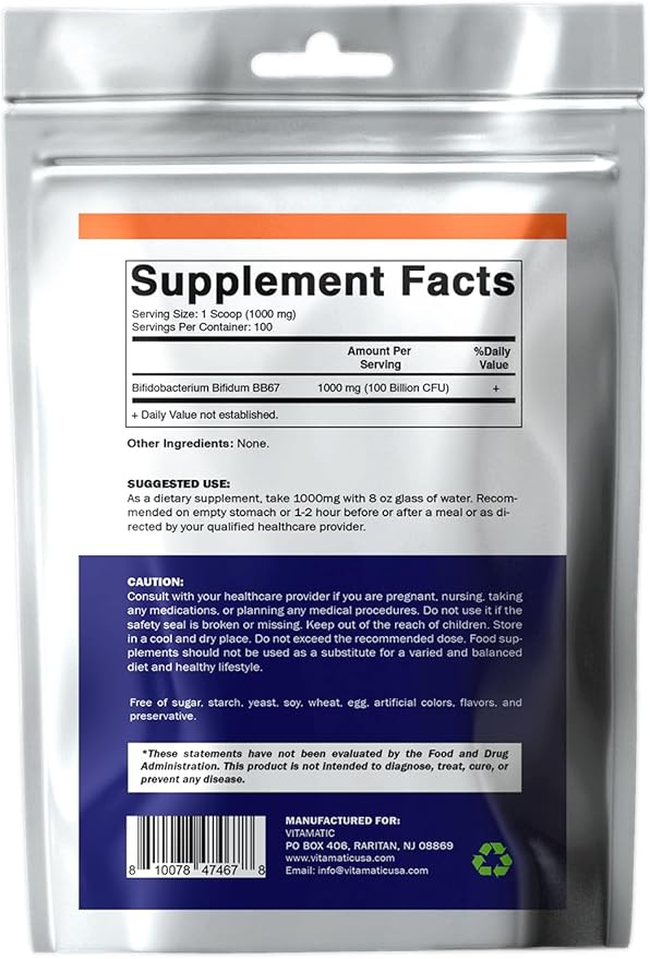 Vitamatic Bifidobacterium Bifidum Probiotic Powder - Digestive Health Support - 100 Gram (3.5 OZ) - 100 Servings