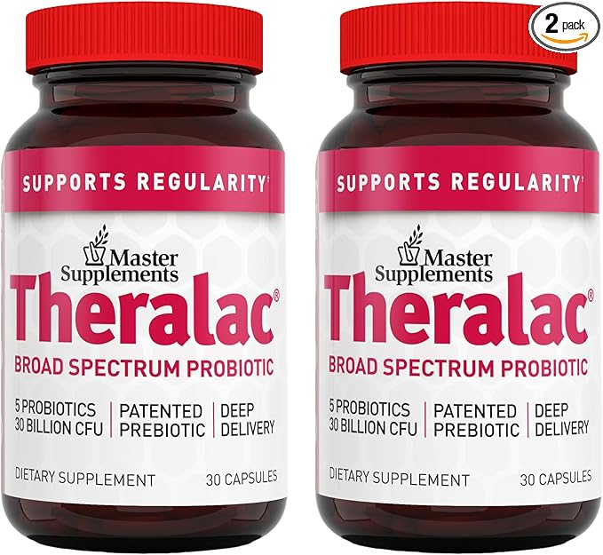 Master Supplements Theralac - 30 Capsules, Pack of 2 - Multi-Strain Probiotic for Optimal Gut Health + Gas & Bloating Relief - Gluten Free - 60 Servings