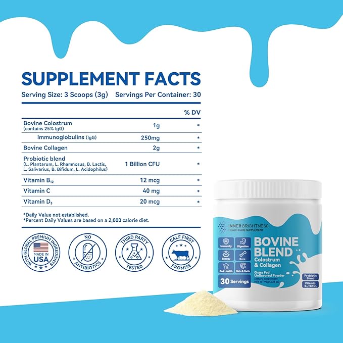 Bovine Colostrum & Collagen Powder for Gut Health, Immune Support, Hair Growth & Beauty Supplement, Sugar Free – IgG, Probiotics, Vitamin B12, C, D3 – Unflavored, 30 Servings