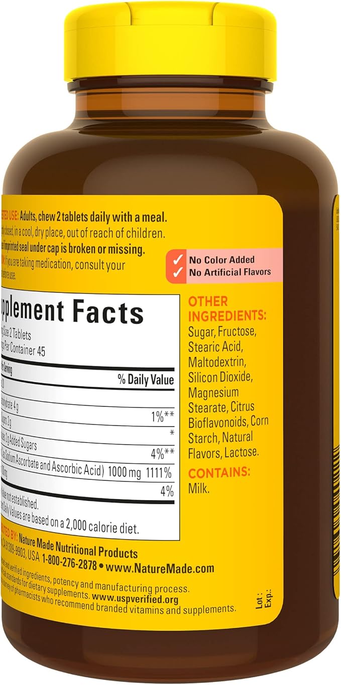 Nature Made Extra Strength Dosage Chewable Vitamin C 1000 mg per Serving, Dietary Supplement for Immune Support, 90 Tablets, 45 Day Supply (Pack of 2)