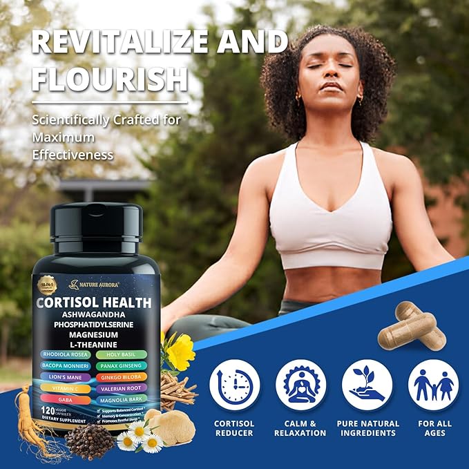 18-in-1 Cortisol Supplements for Women & Men, Cortisol Reducer Detox Manager with Magnesium, Ashwagandha, L-Theanine, Phosphatidylserine for Mood, Sleep, Focus Support, 120 Capsules