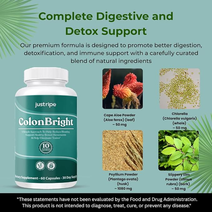 ColonBright Psyllium Husk Powder Colon Cleanser - Colon Cleanse for Constipation Relief, Bloating Relief & Gut Health, Vegan, Gluten Free Fiber Supplement - Healthy Digestive Function 30 Servings (1)