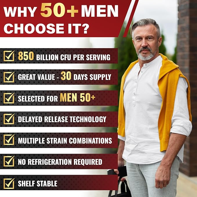 Probiotics for Men, Potent 50+ Mens Probiotic, Complete Gut & Digestive Health, with 850 Billion CFU, 1900mg Prebiotic Fiber, Energize, Immune, Mens Probiotics for Gut Health Over 50-450 Capsule