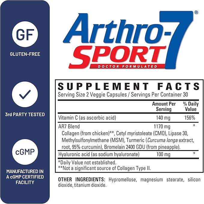 U.S. Doctors’ Clinical Arthro-7 Sport - Clinically Proven AR7 Blend + 100mg Hyaluronic Acid & Vitamin C for Flexibility, Mobility, & Strong Cartilage - 60 Capsules - 15/30-Day Supply