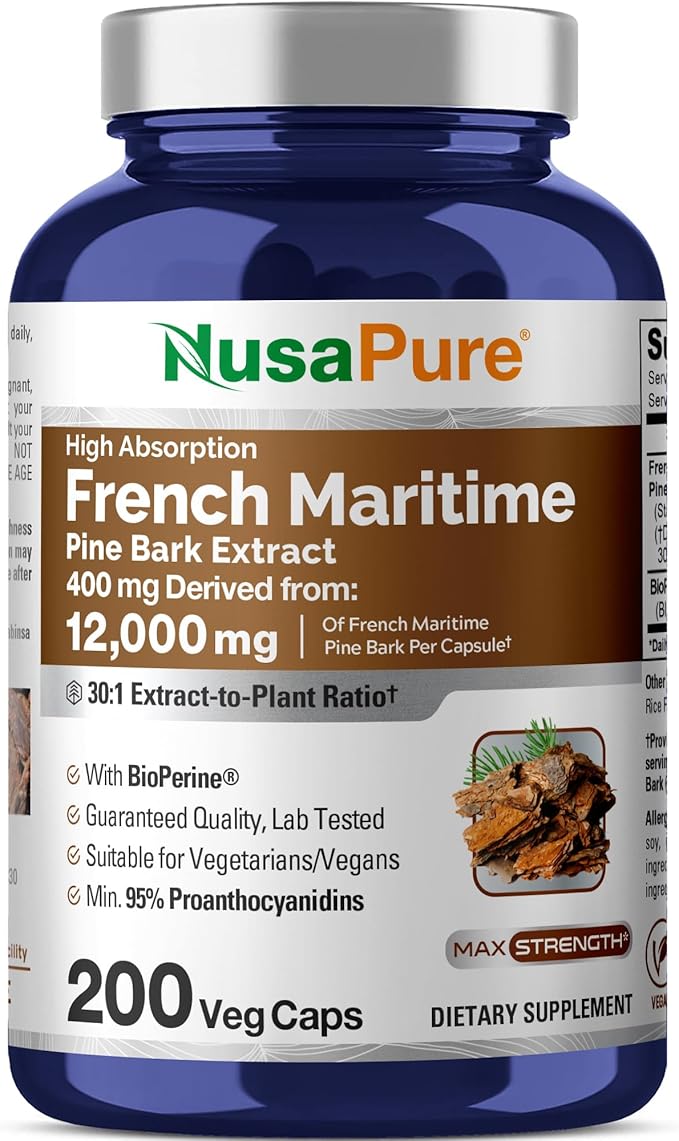 NusaPure French Maritime Pine Bark 30:1 Extract, 400 mg Equivalent to 12,000 mg Per Veggie Caps 200-Day Supply, Bioperine (Non-GMO & Vegan)