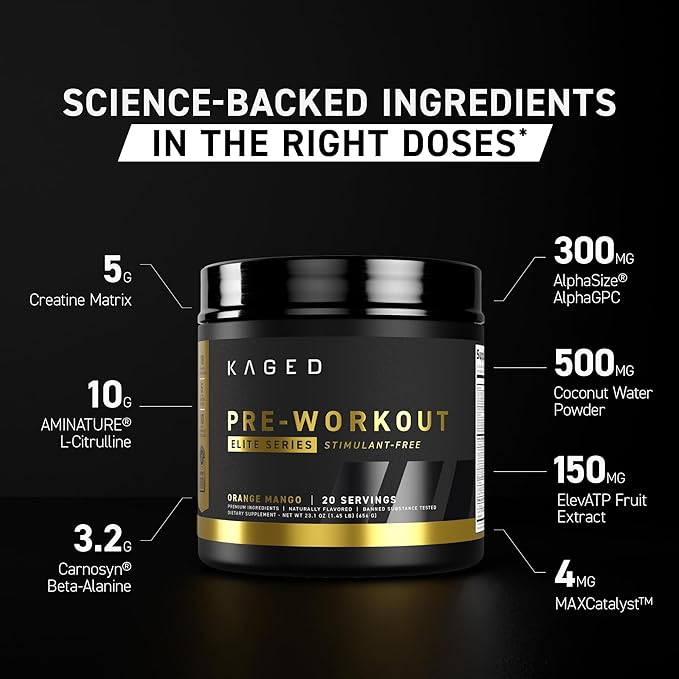 Kaged Pre Workout Powder Pre-Workout Elite Stim-Free for Men & Women, Power, Stamina, Focus, Pumps, L-Citrulline, Beta Alanine, Creatine, Caffeine-Free, Cherry Limeade, 20 Servings