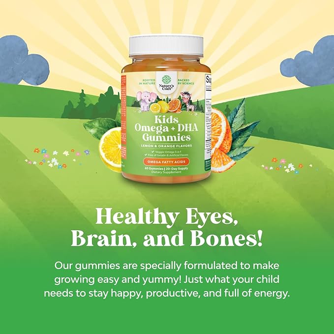 Kids DHA Omega 3 Gummies - Fatty Acids Omega 3 6 9 for Brain, Immune Strength & Vision - Nutritional DHA for Kids for Healthy Nervous System & Focus Support - Fish Free, Vegan & Non-GMO - 60 Chews