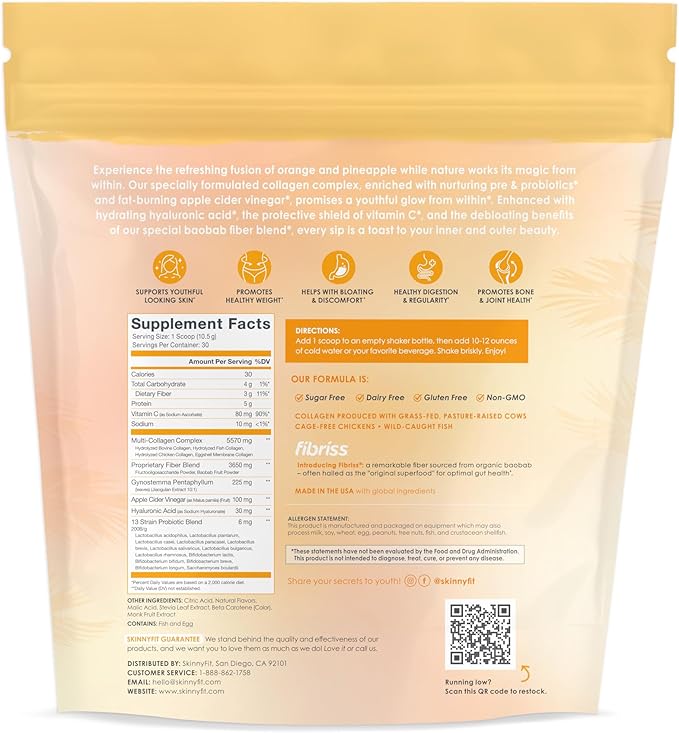SkinnyFit - Super Youth, Orange Pineapple (30 Servings) - Multi Collagen Peptides Powder - Probiotics, Fiber, Hyaluronic Acid - Collagen for Women - Non GMO, Gluten Free, Sugar Free - Self Care
