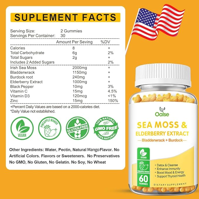 Sea Moss Gummies for Adults and Kids, 2000mg Raw Seamoss, Bladderwrack, Burdock Root, Elderberry, Pepper, Vitamin C & D3, Zinc Supports Immune System & Boost Energy (2-Pack)