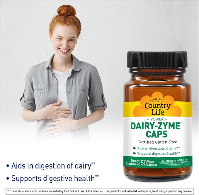 Country Life Dairy-Zyme - Digestive Enzymes for Dairy Relief - Lactase Enzyme Supplement for Lactose Intolerance - 6000 Lactase Units - Gluten-Free, Non-GMO - 50 Vegan Capsules