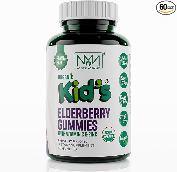 Organic Kids Elderberry Gummies with Zinc and Vitamin C | Immune Boosting Sambucus Elderberry Rich in Antioxidants | Plant Based, Gluten Free, 60 Vegan Gummies