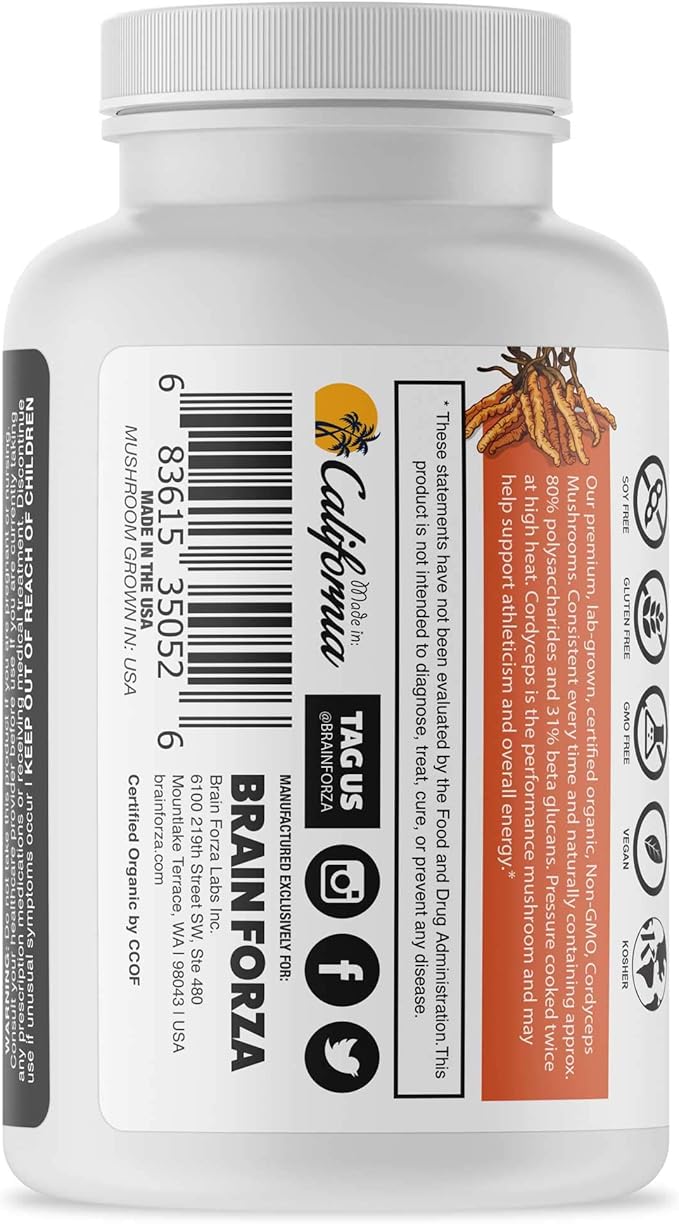 Brain Forza Organic Cordyceps Capsules - Cordyceps Sinensis Mushroom Low-Oxygen Grown in The USA, Non-GMO, Vegan, Organic, 90 Capsules