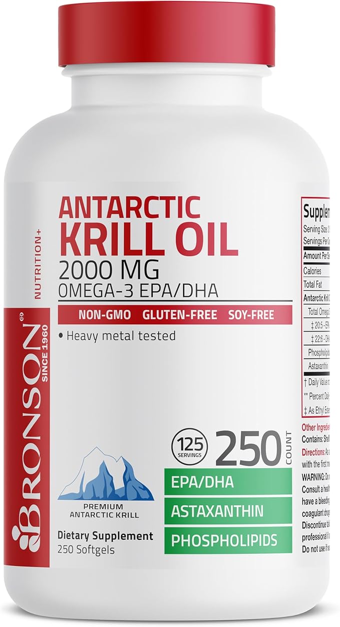 Bronson Antarctic Krill Oil 2000 mg with Omega-3s EPA, DHA, Astaxanthin and Phospholipids, 250 Softgels (125 Servings)