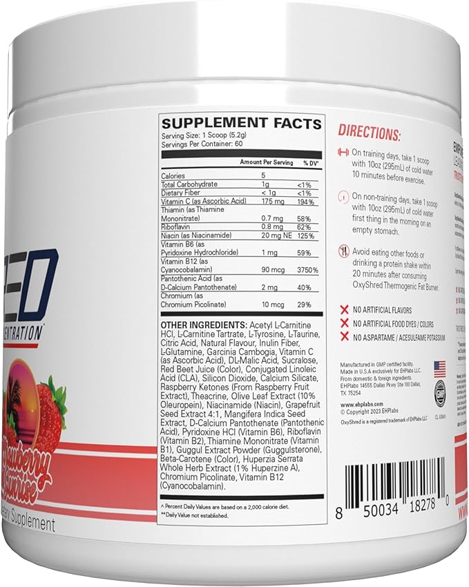 EHP Labs OxyShred Non Stimulant Pre Workout Powder - Stim Free, Caffeine Free Preworkout for Men & Women - Non Stim Preworkout - Sugar Free Energy Powder - Strawberry, 60 Servings
