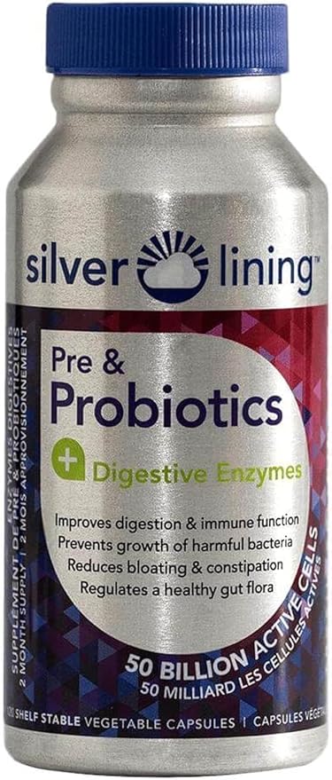 Silver Lining Pre & Probiotics + Digestive Enzymes | 50 Billion CFU/Active Cells | Digestive & Immune Function Support, Reduces Bloating | Shelf-Stable Formula | 360 Count (Pack of 3)