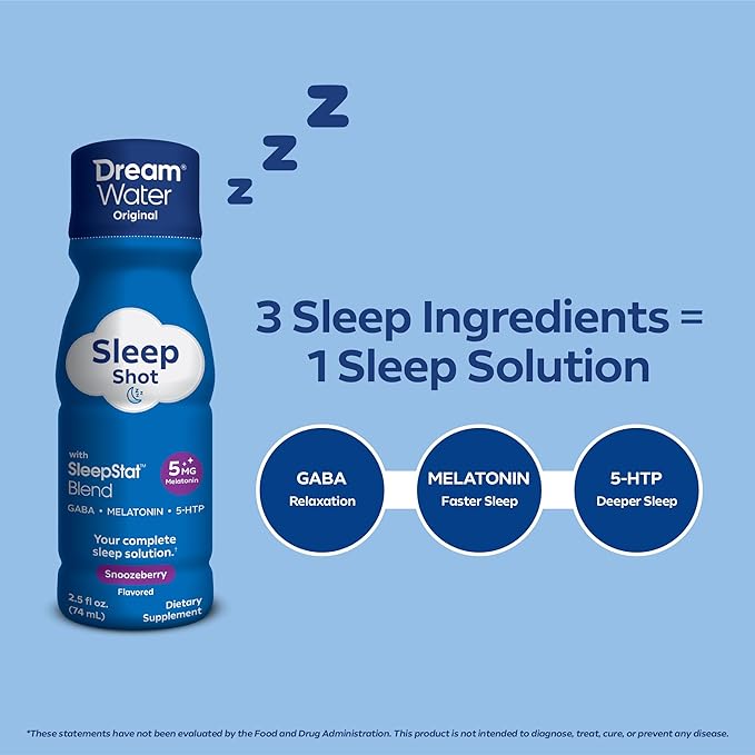 Dream Water Sleep Aid Supplement Drink; Melatonin 5mg, GABA, 5-HTP; Zero sugar, Natural flavors, No added colors, 2.5 oz liquid sleep shots, Snoozeberry, 24-Count