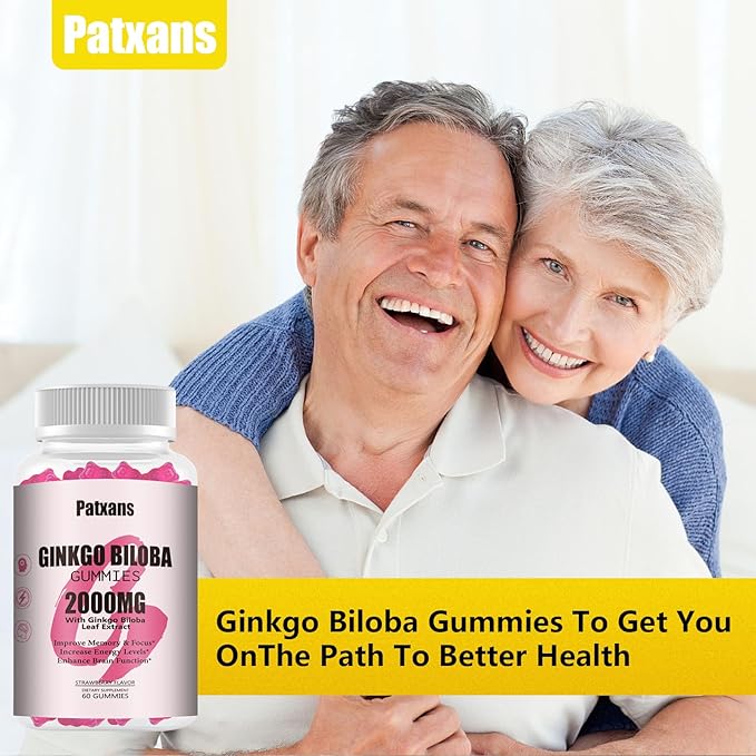 1 Pack 2000mg Ginkgo Biloba Gummies - Ginkgo Biloba Supplements for Brain Health Support, Improve Mood and Focus, Energy, Adult, Strawberry Flavor, 60 Count