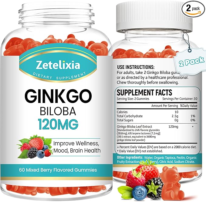 2 Pack Ginkgo Biloba Gummies for Women and Men, Brain Supplement Improve Better Mood and Focus, Vegan Mixed Berry Flavor 120 Count