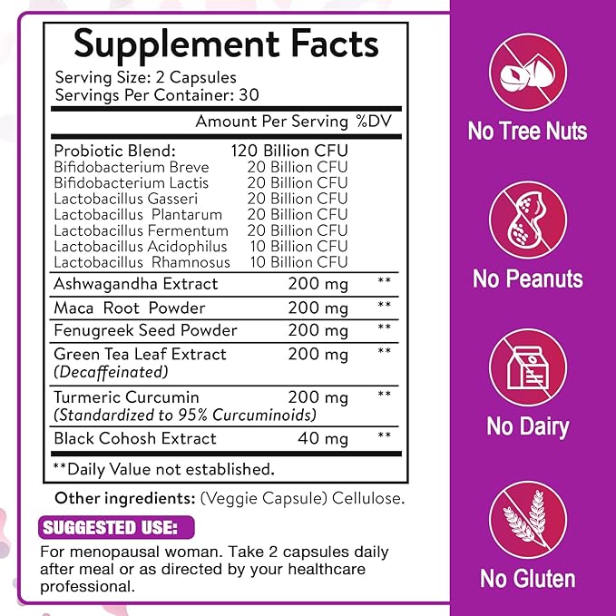 Menopause Supplements for Women, 120 Billion CFU Menopause Probiotics for Women, All-Natural Probiotic for Hot Flashes Menopause, Night Sweats, Mood Swings, Gut and Hormone - 60 Herbal Capsules