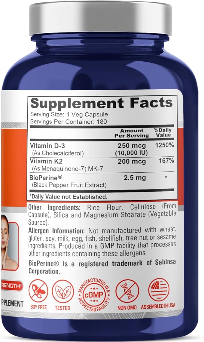 NusaPure Vitamin K2 (MK7) (200mcg) + Vitamin D3 (10000 IU) 180 Veg Caps - Bioperine, Soyfree, Non-GMO