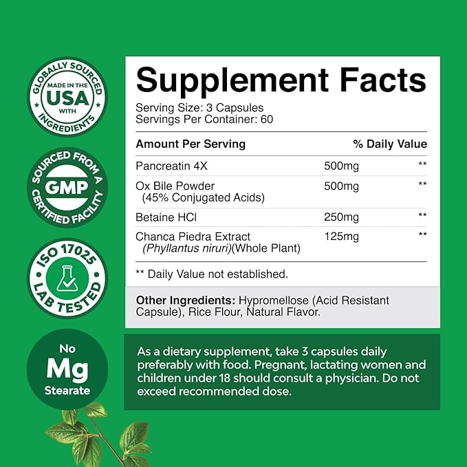 Ox Bile Salts for Gallbladder Support - Purified Bile Salts Supplement with Pancreatin Digestive Enzymes Ox & Betaine HCL - Supplements for No Gallbladder & Digestive Health 2 Months